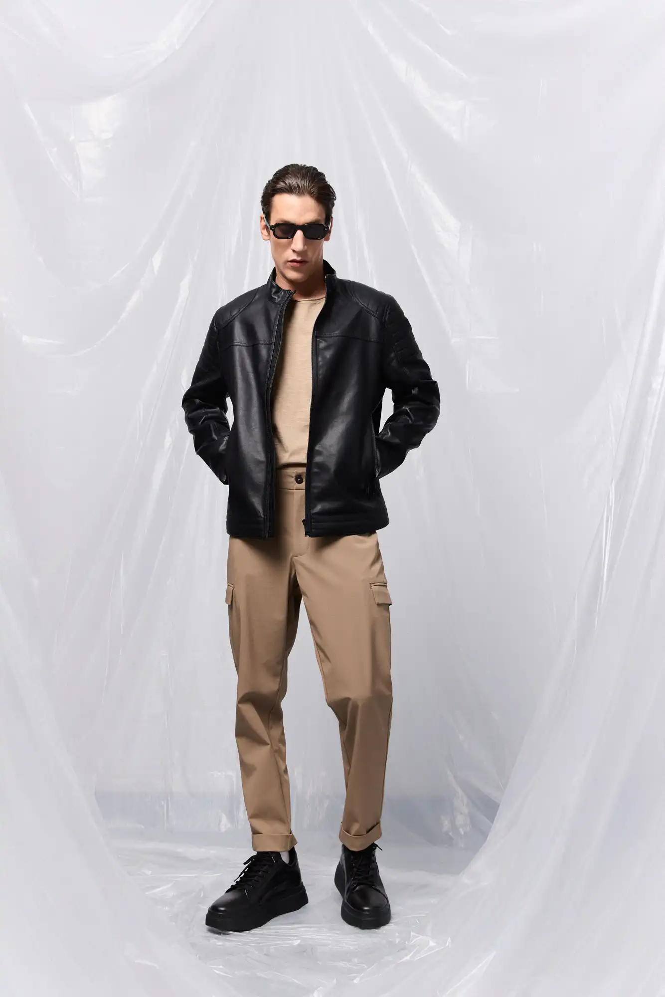 B' Ανδρικό πανωφόρι από δερματίνη 53-201-006 BLACK