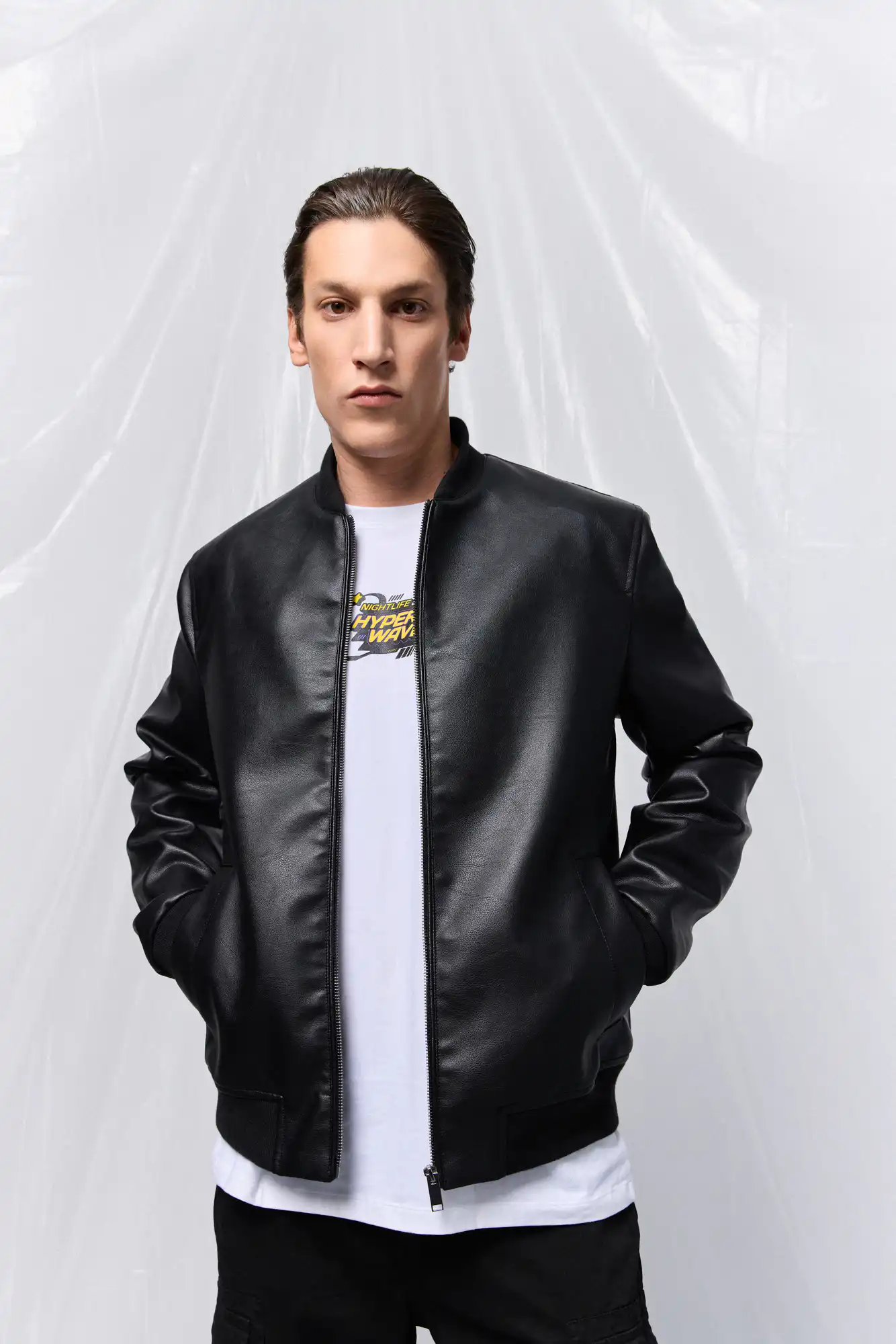 B' Ανδρικό πανωφόρι από δερματίνη 53-201-007 BLACK