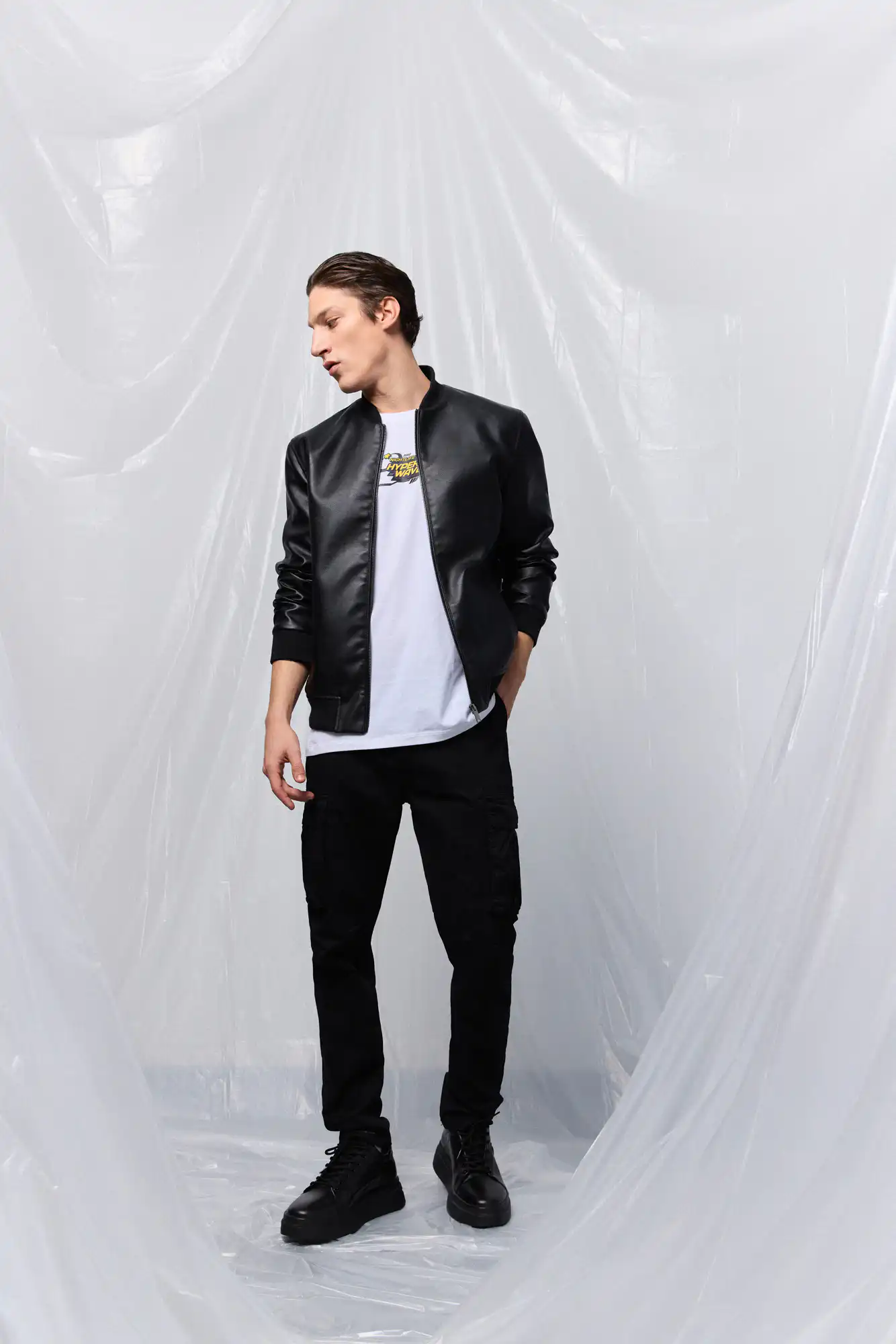 B' Ανδρικό πανωφόρι από δερματίνη 53-201-007 BLACK