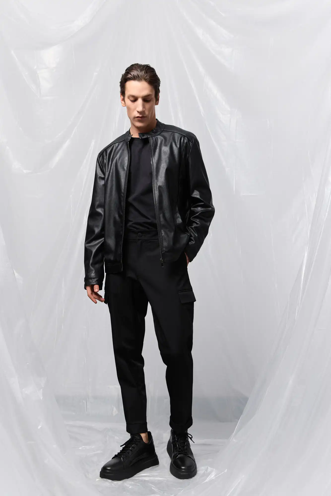 B' Ανδρικό πανωφόρι από δερματίνη 53-201-047 BLACK