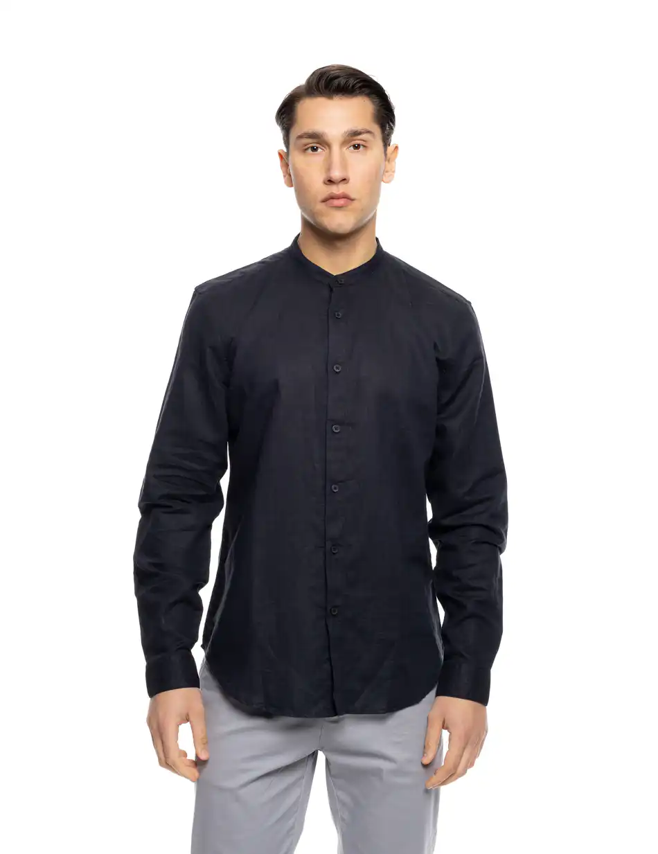 ST' Ανδρικό λινό μακρυμάνικο πουκάμισο με “mao” κολλάρο 53-203-001 BLACK