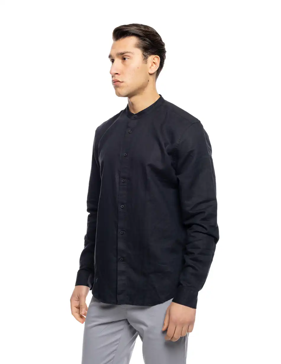 ST' Ανδρικό λινό μακρυμάνικο πουκάμισο με “mao” κολλάρο 53-203-001 BLACK