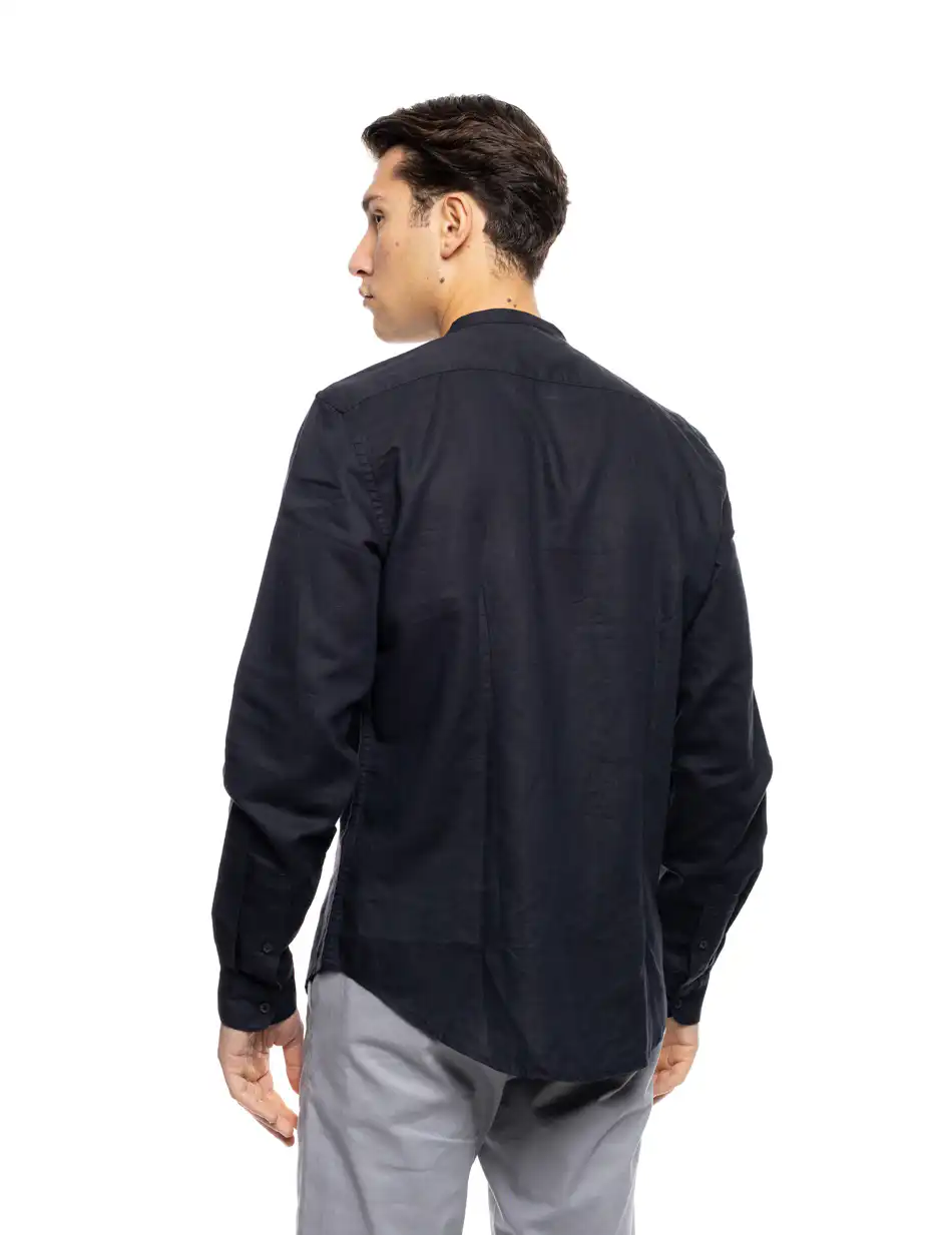 ST' Ανδρικό λινό μακρυμάνικο πουκάμισο με "mao" κολλάρο 53-203-001 BLACK