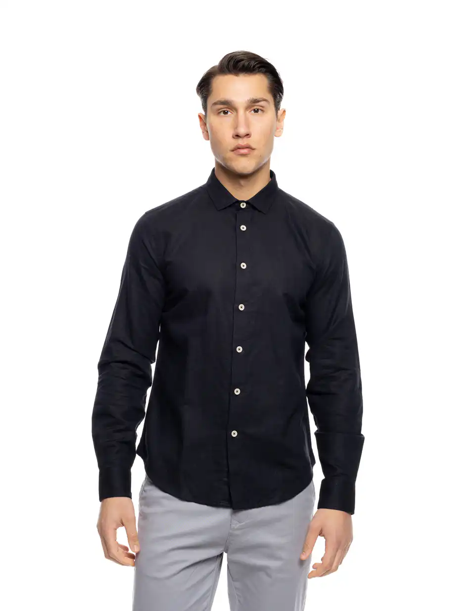 ST' Ανδρικό λινό μακρυμάνικο πουκάμισο με “kent/ κανονικο κολλάρο 53-203-002 BLACK