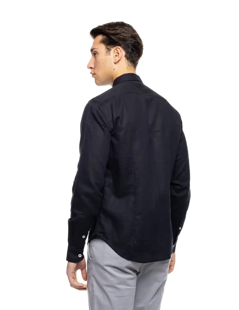 ST' Ανδρικό λινό μακρυμάνικο πουκάμισο με "kent/ κανονικο κολλάρο 53-203-002 BLACK