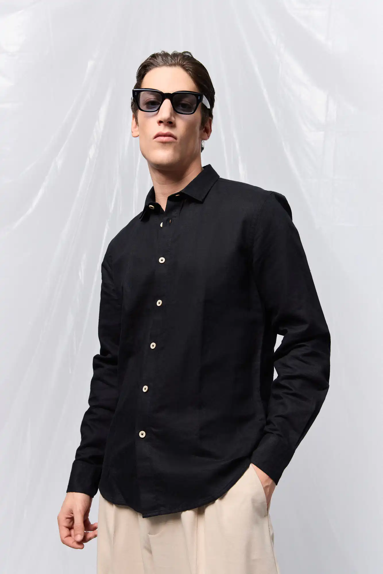 ST' Ανδρικό λινό μακρυμάνικο πουκάμισο με "kent/ κανονικο κολλάρο 53-203-002 BLACK