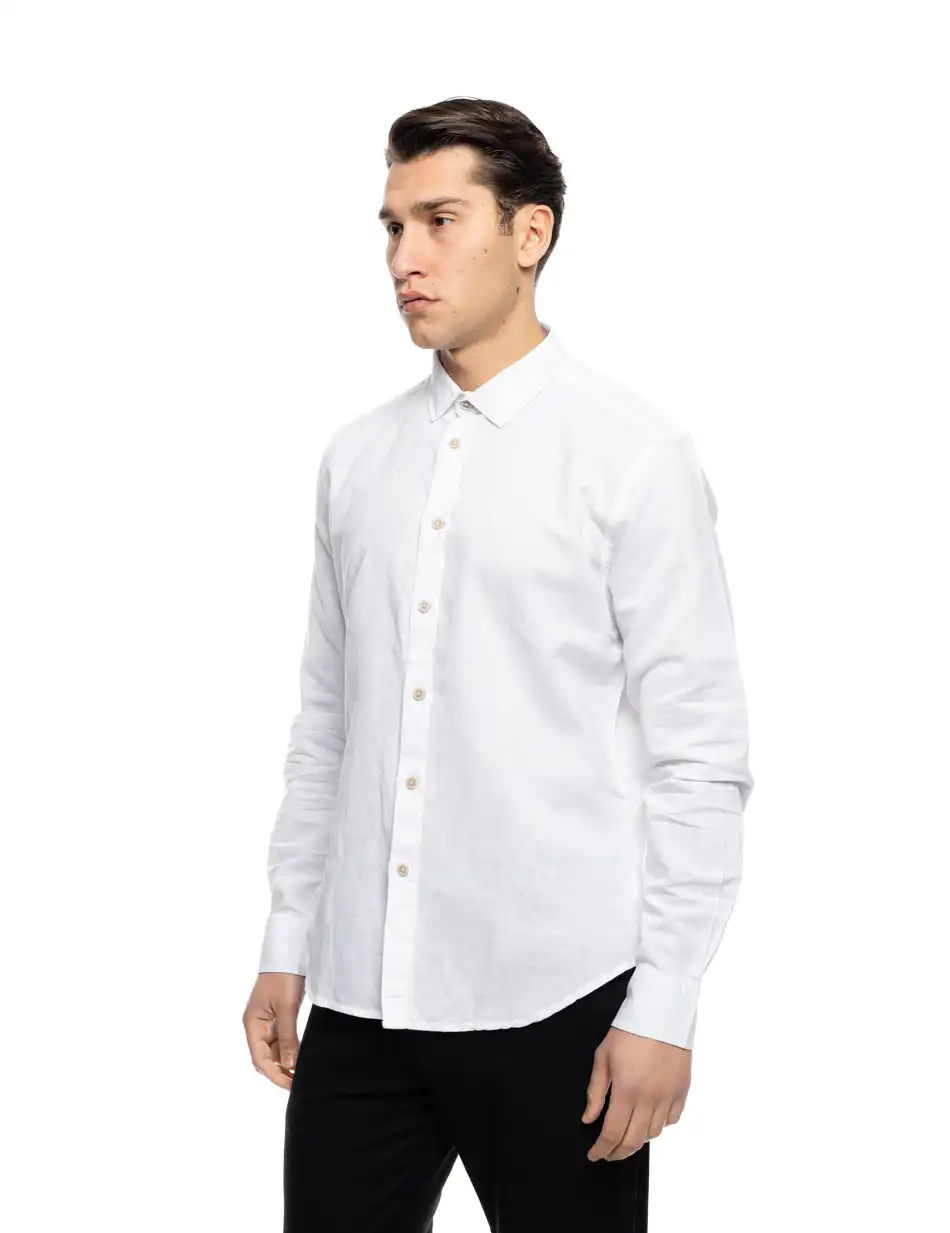 ST' Ανδρικό λινό μακρυμάνικο πουκάμισο με “kent/ κανονικο κολλάρο 53-203-002 WHITE