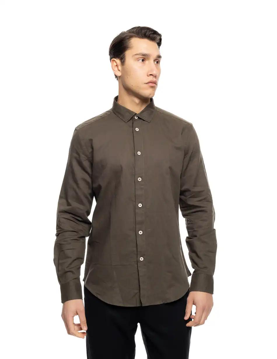 ST' Ανδρικό λινό μακρυμάνικο πουκάμισο με “kent/ κανονικο κολλάρο 53-203-002 DK GREEN