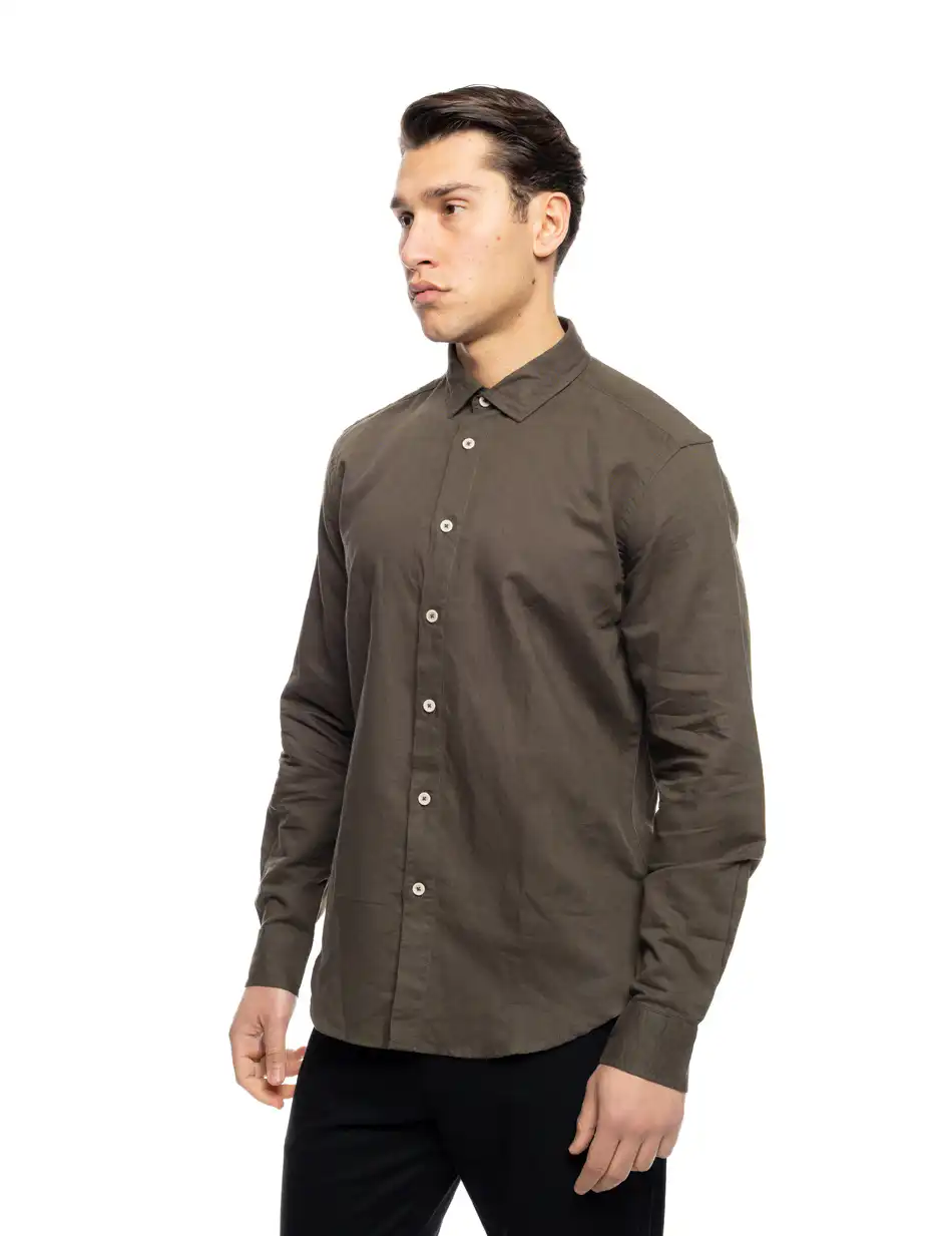 ST' Ανδρικό λινό μακρυμάνικο πουκάμισο με “kent/ κανονικο κολλάρο 53-203-002 DK GREEN