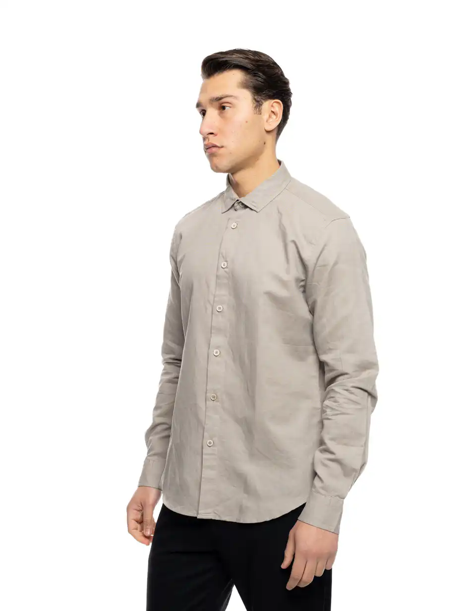 ST' Ανδρικό λινό μακρυμάνικο πουκάμισο με “kent/ κανονικο κολλάρο 53-203-002 BEIGE