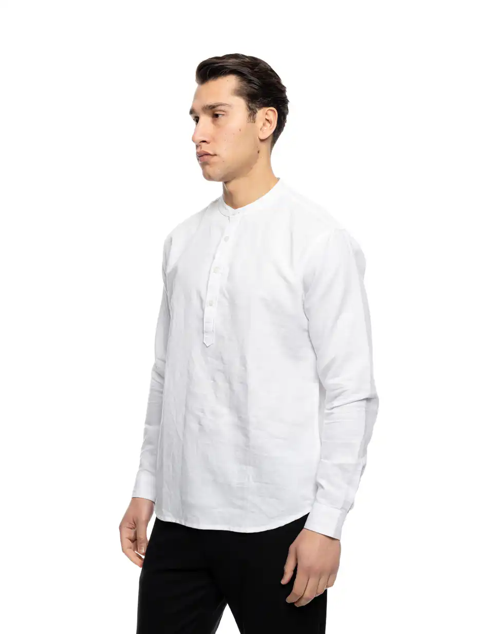 ST' Ανδρική λινη μακρυμάνικη τουνικ μπλουζα  με “mao” κολλάρο 53-203-003 WHITE