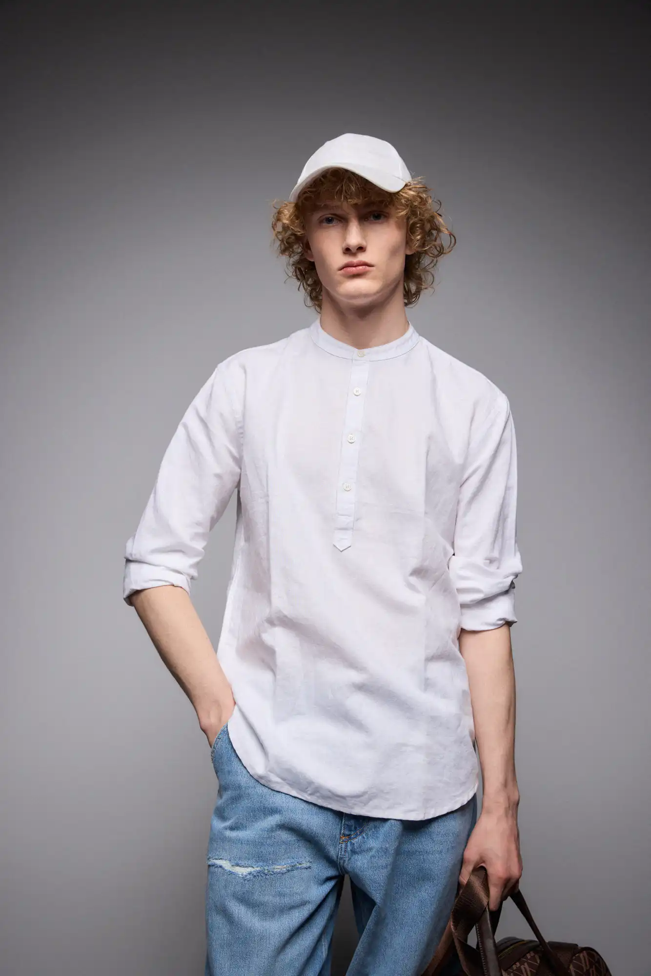 ST' Ανδρική λινη μακρυμάνικη τουνικ μπλουζα με "mao" κολλάρο 53-203-003 WHITE