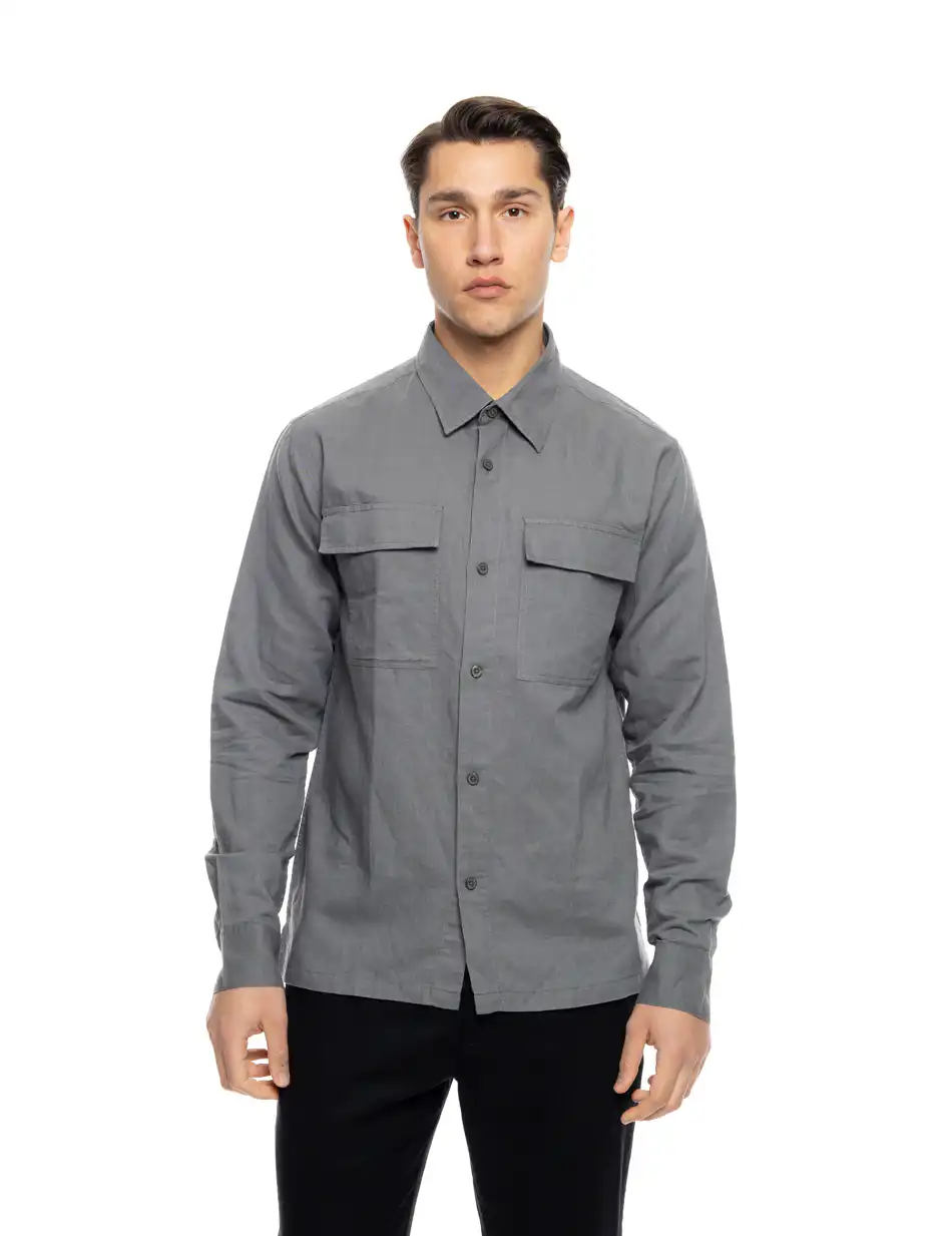 ST' Ανδρικό λινό μακρυμάνικο πουκάμισο με τσέπες 53-203-004 GREY