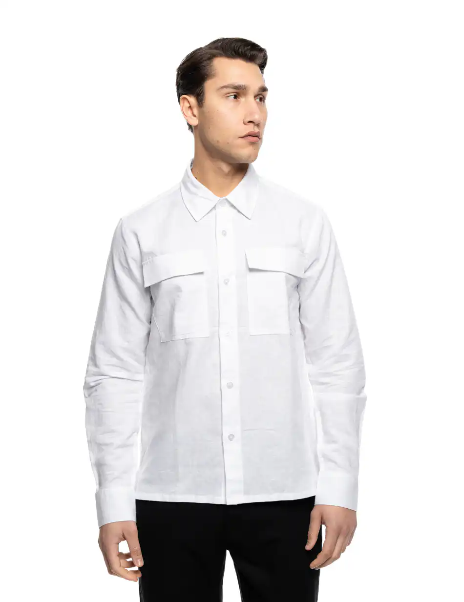 ST' Ανδρικό λινό μακρυμάνικο πουκάμισο με τσέπες 53-203-004 WHITE