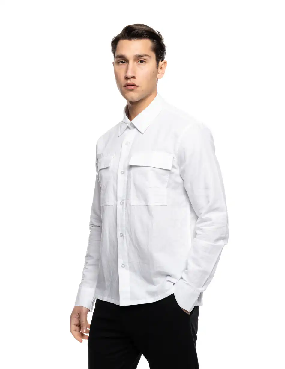 ST' Ανδρικό λινό μακρυμάνικο πουκάμισο με τσέπες 53-203-004 WHITE