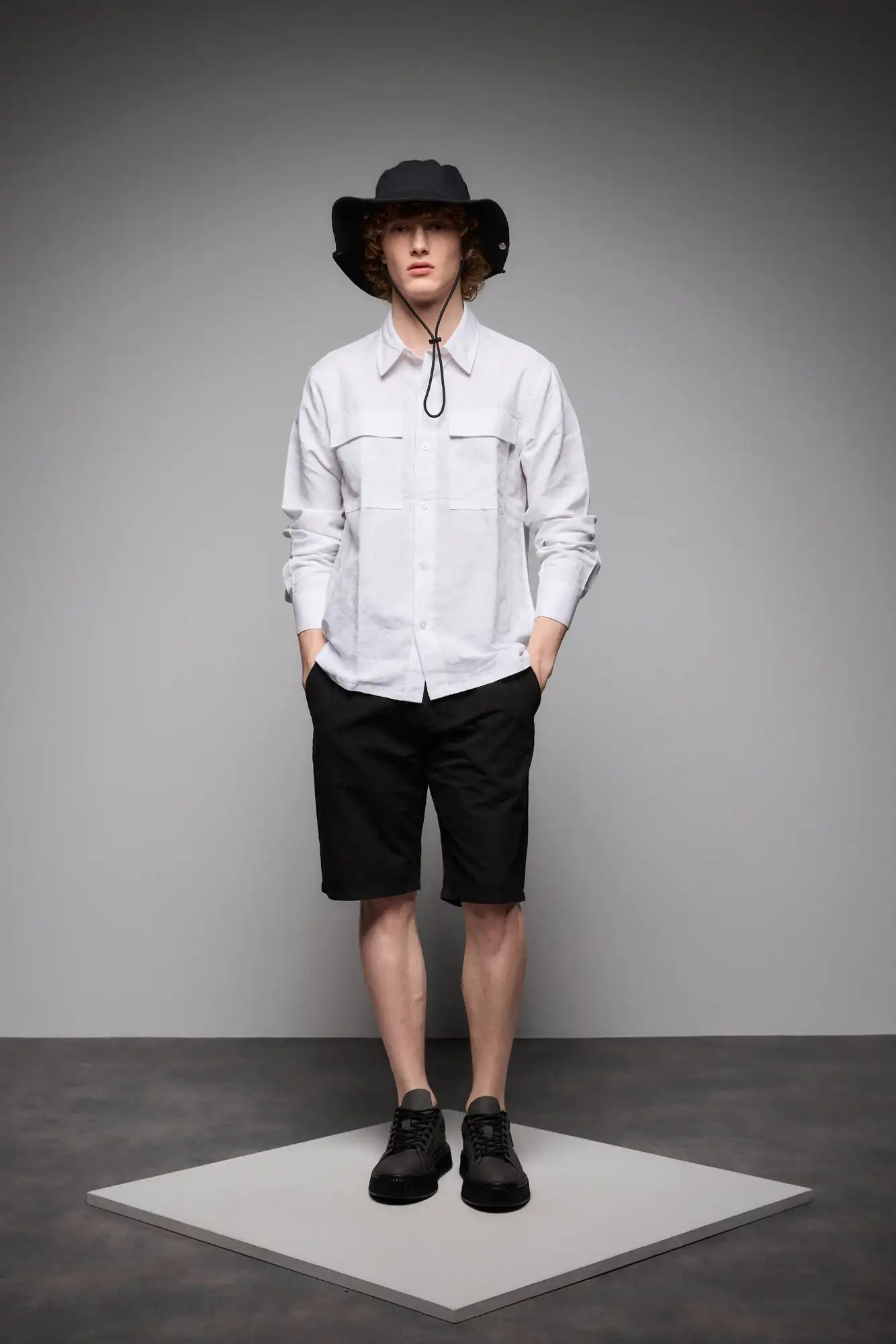 ST' Ανδρικό λινό μακρυμάνικο πουκάμισο με τσέπες 53-203-004 WHITE