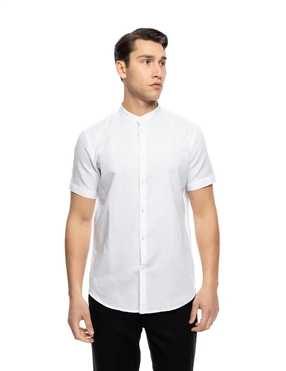 ST'  Ανδρικό λινό κοντομάνικο πουκάμισο με “mao” κολλάρο 53-203-005 WHITE