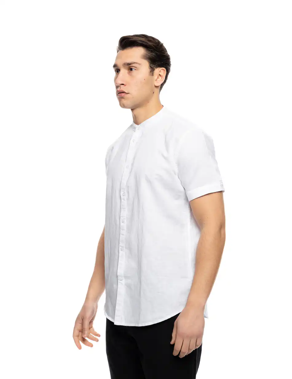 ST'  Ανδρικό λινό κοντομάνικο πουκάμισο με “mao” κολλάρο 53-203-005 WHITE