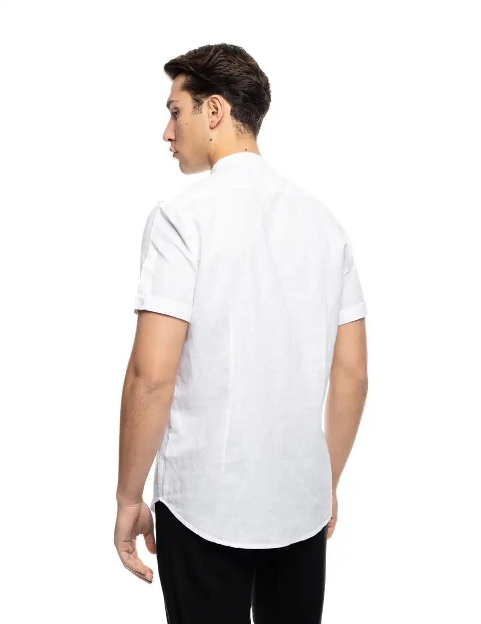 ST' Ανδρικό λινό κοντομάνικο πουκάμισο με "mao" κολλάρο 53-203-005 WHITE