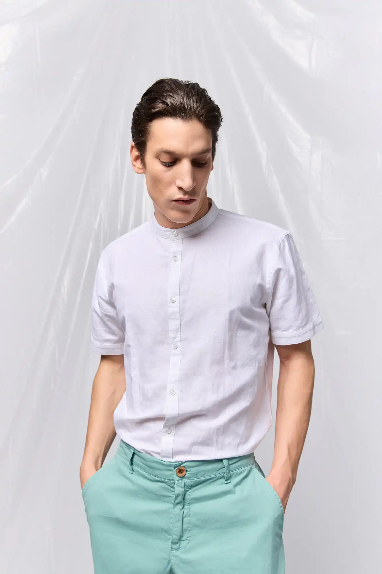 ST' Ανδρικό λινό κοντομάνικο πουκάμισο με "mao" κολλάρο 53-203-005 WHITE