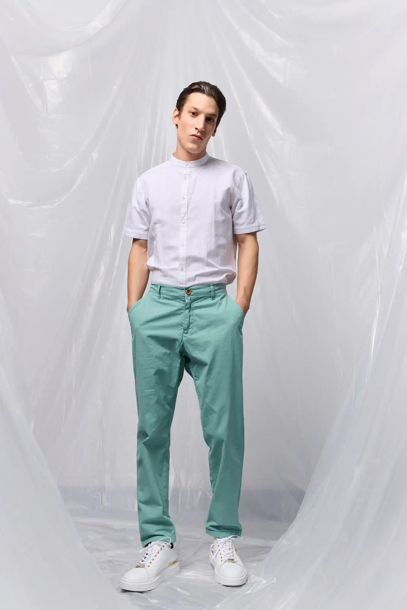 ST' Ανδρικό λινό κοντομάνικο πουκάμισο με "mao" κολλάρο 53-203-005 WHITE