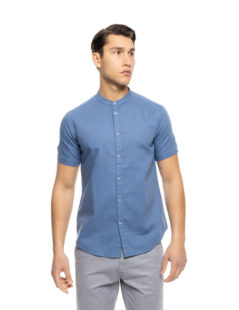 ST'  Ανδρικό λινό κοντομάνικο πουκάμισο με “mao” κολλάρο 53-203-005 SKY BLUE