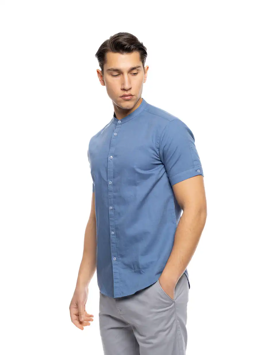 ST'  Ανδρικό λινό κοντομάνικο πουκάμισο με “mao” κολλάρο 53-203-005 SKY BLUE