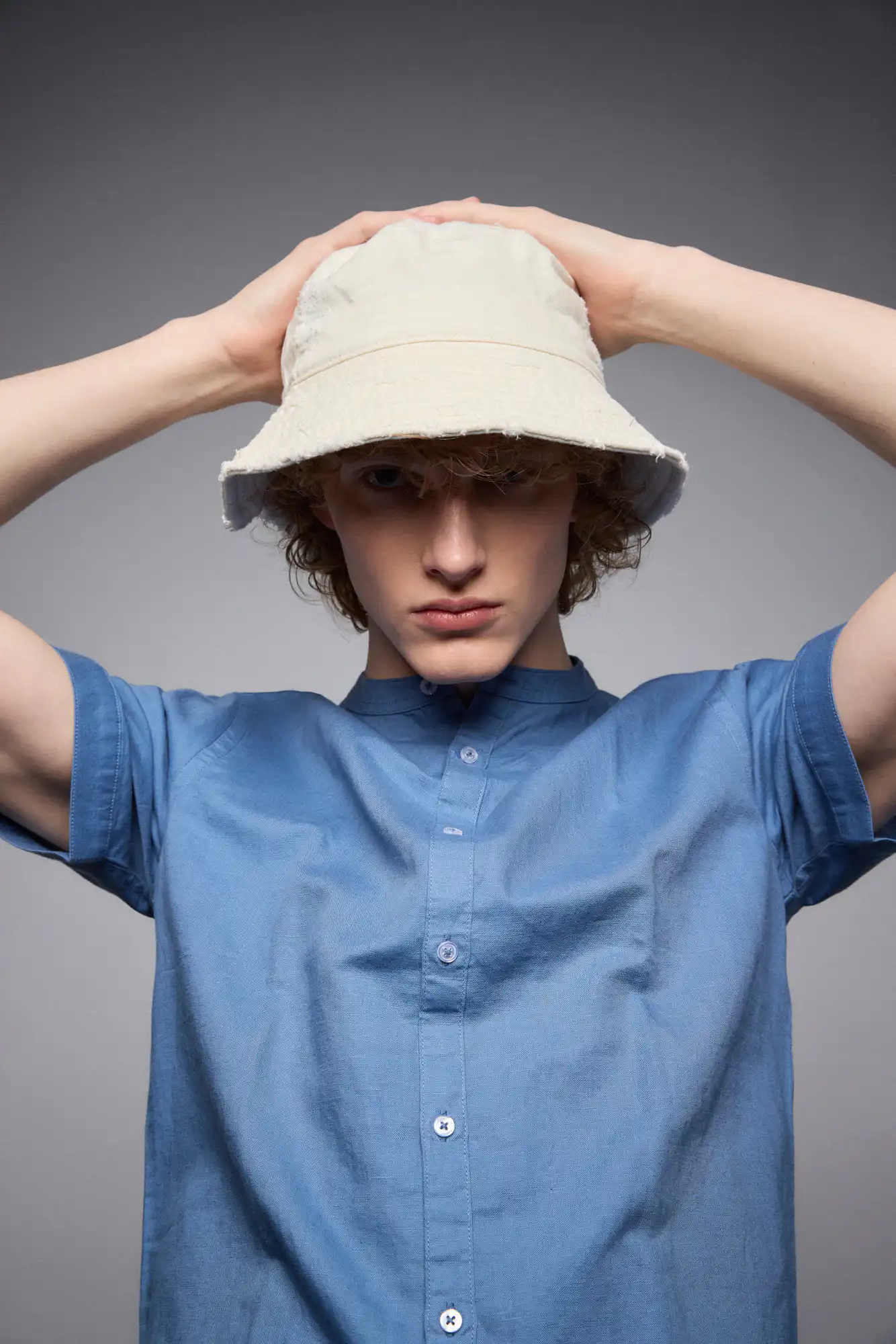 ST'  Ανδρικό λινό κοντομάνικο πουκάμισο με "mao" κολλάρο 53-203-005 SKY BLUE