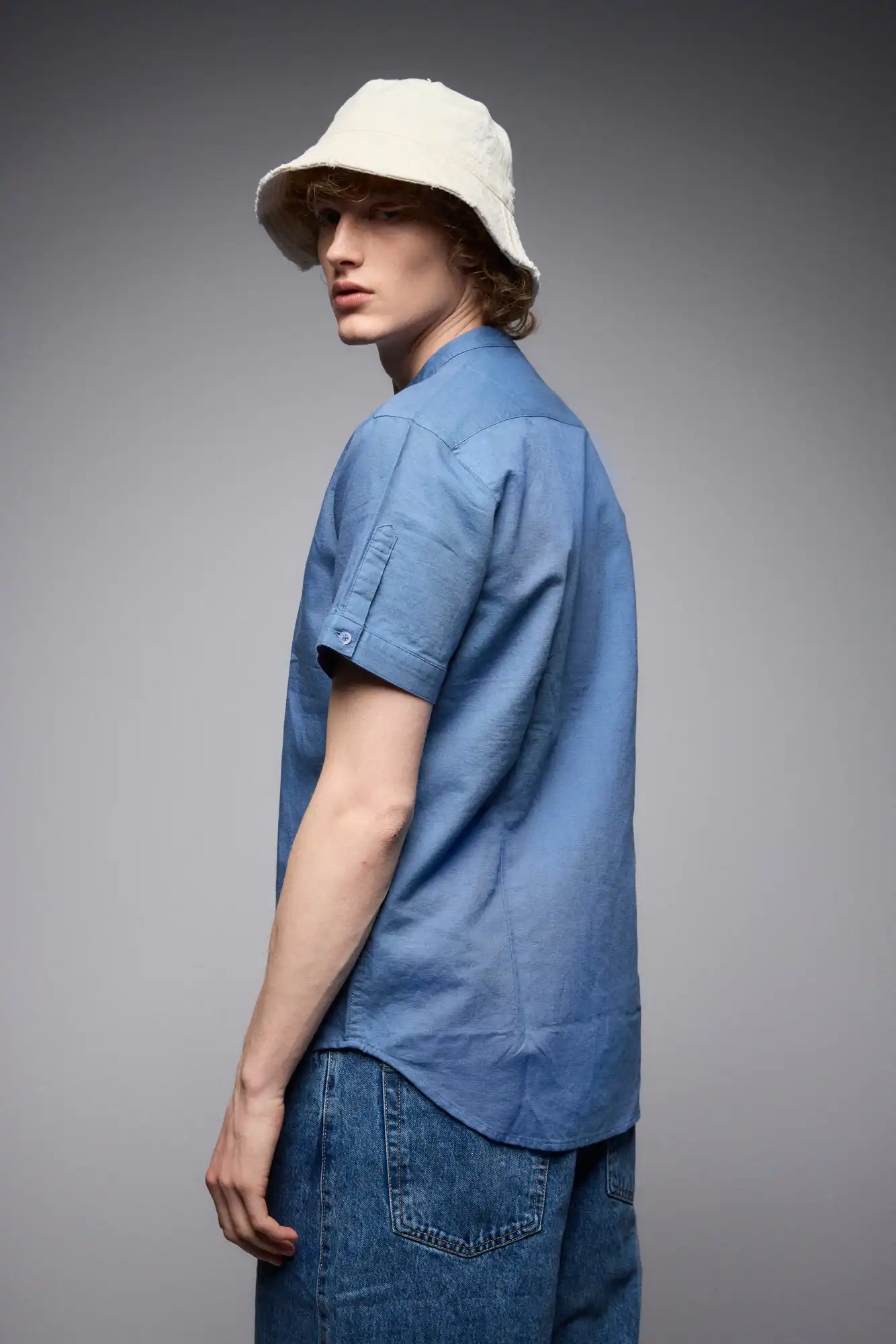 ST'  Ανδρικό λινό κοντομάνικο πουκάμισο με "mao" κολλάρο 53-203-005 SKY BLUE