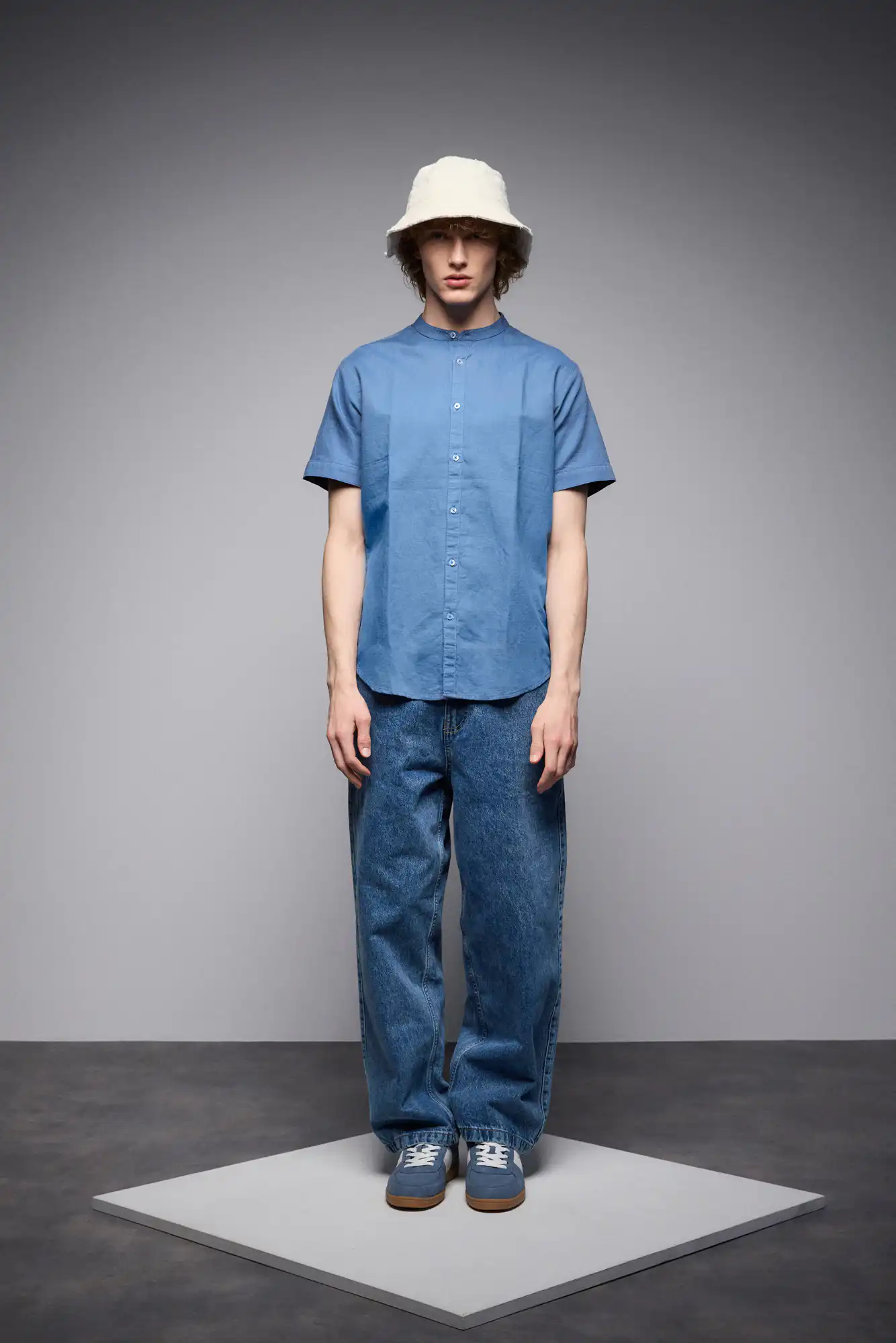 ST'  Ανδρικό λινό κοντομάνικο πουκάμισο με "mao" κολλάρο 53-203-005 SKY BLUE