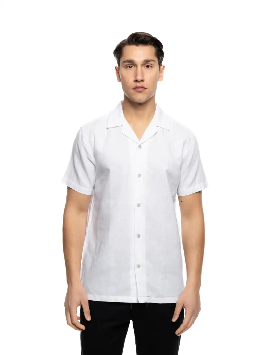 ST' Ανδρικό λινό κοντομάνικο πουκάμισο με “kent/ κανονικο κολλάρο 53-203-006 WHITE