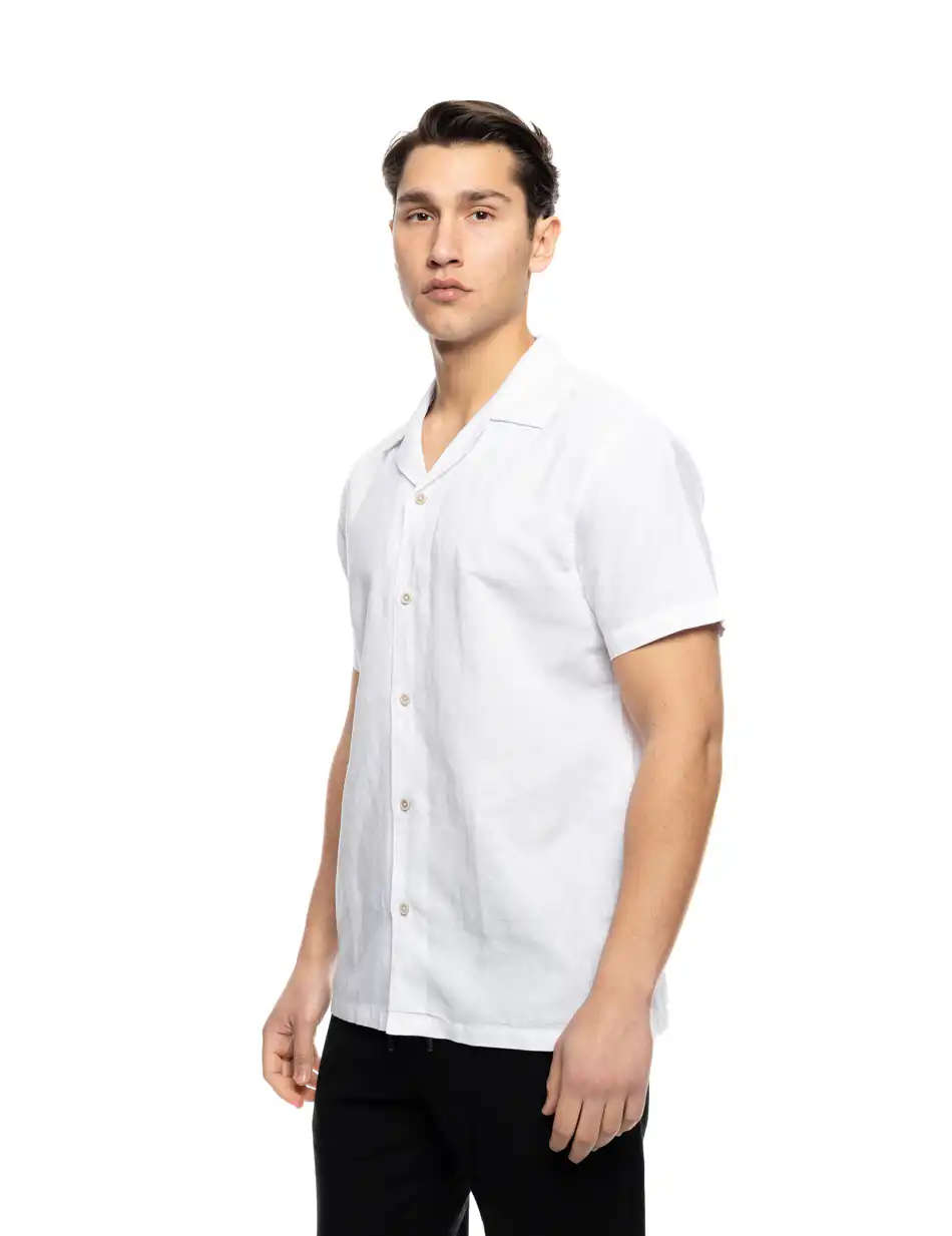 ST' Ανδρικό λινό κοντομάνικο πουκάμισο με “kent/ κανονικο κολλάρο 53-203-006 WHITE