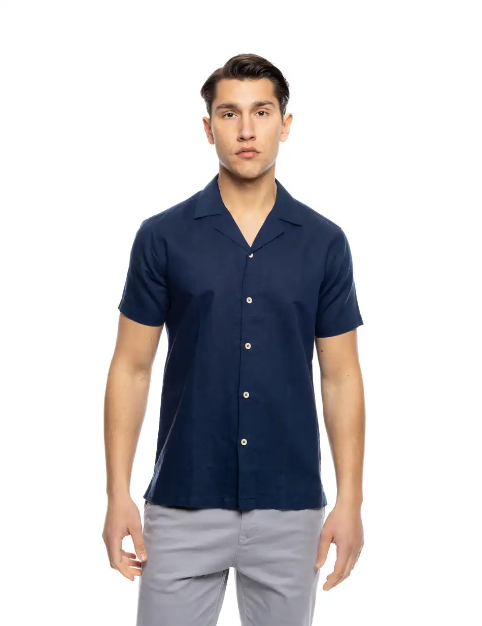 ST' Ανδρικό λινό κοντομάνικο πουκάμισο με “kent/ κανονικο κολλάρο 53-203-006 INDIGO