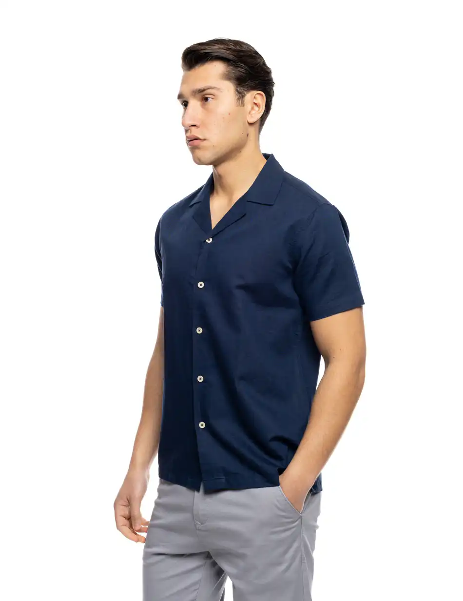 ST' Ανδρικό λινό κοντομάνικο πουκάμισο με “kent/ κανονικο κολλάρο 53-203-006 INDIGO