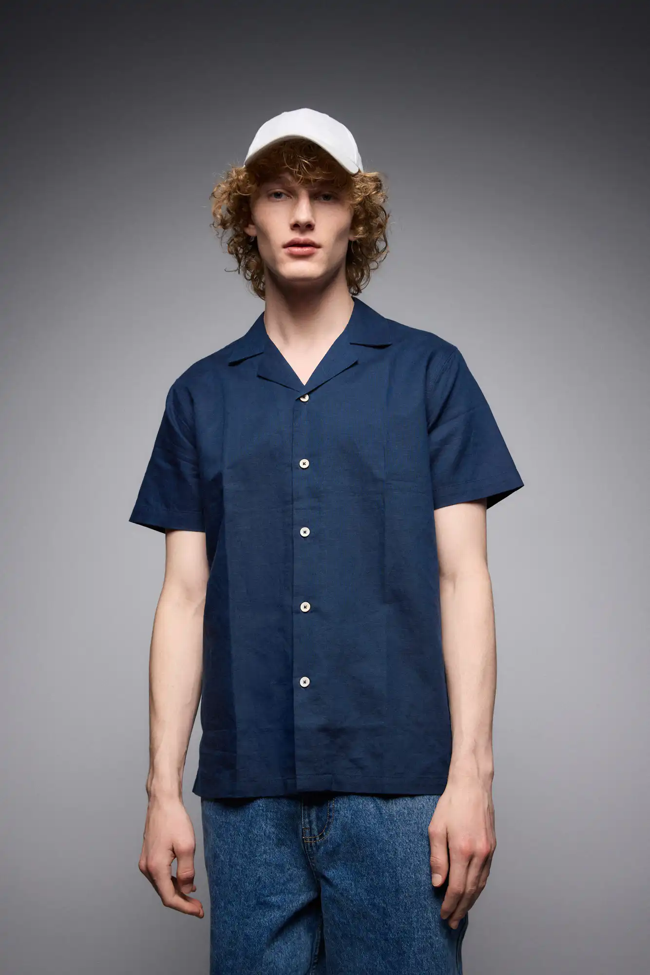ST' Ανδρικό λινό κοντομάνικο πουκάμισο με "kent/ κανονικο κολλάρο 53-203-006 INDIGO