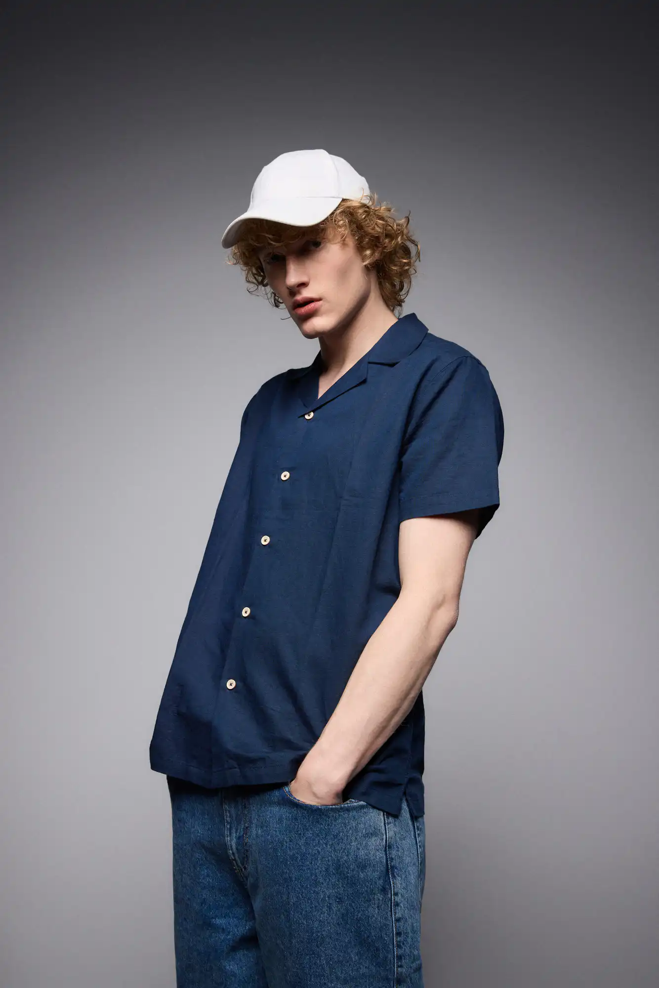 ST' Ανδρικό λινό κοντομάνικο πουκάμισο με "kent/ κανονικο κολλάρο 53-203-006 INDIGO