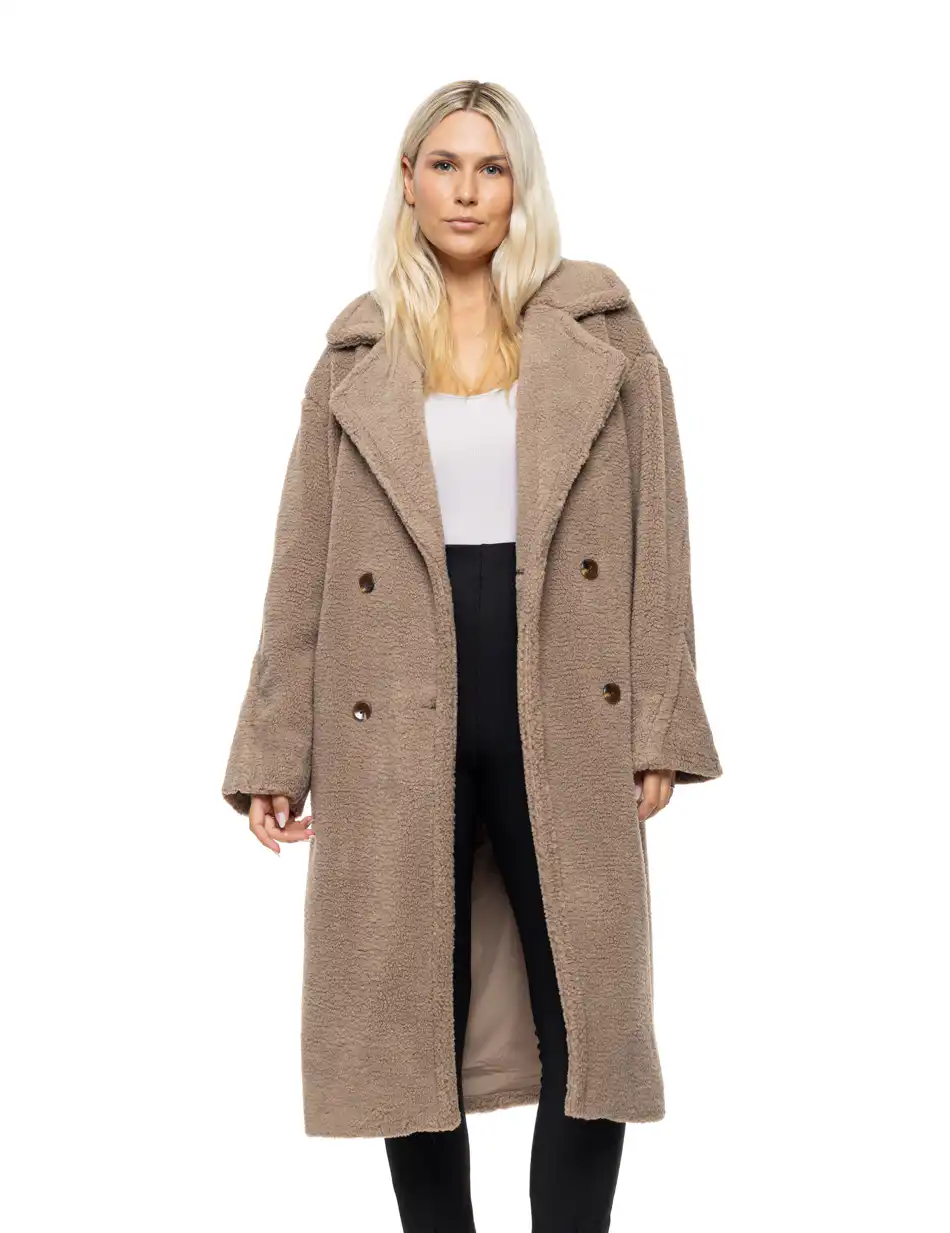 Biston Γυναικείο μακρύ παλτό από προβατάκι με γιακά 54-101-038 BEIGE