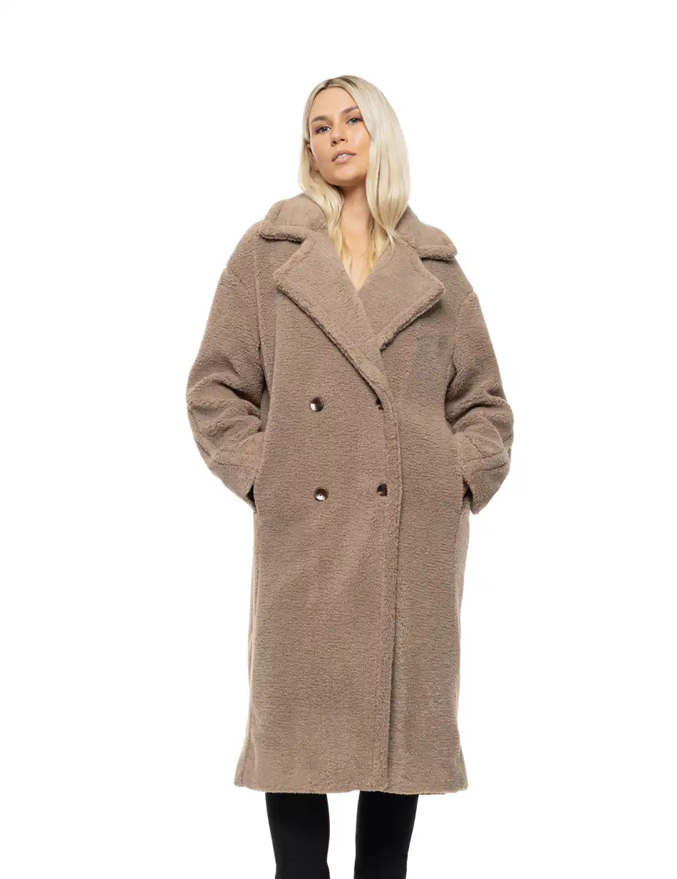 Biston Γυναικείο μακρύ παλτό από προβατάκι με γιακά 54-101-038 BEIGE