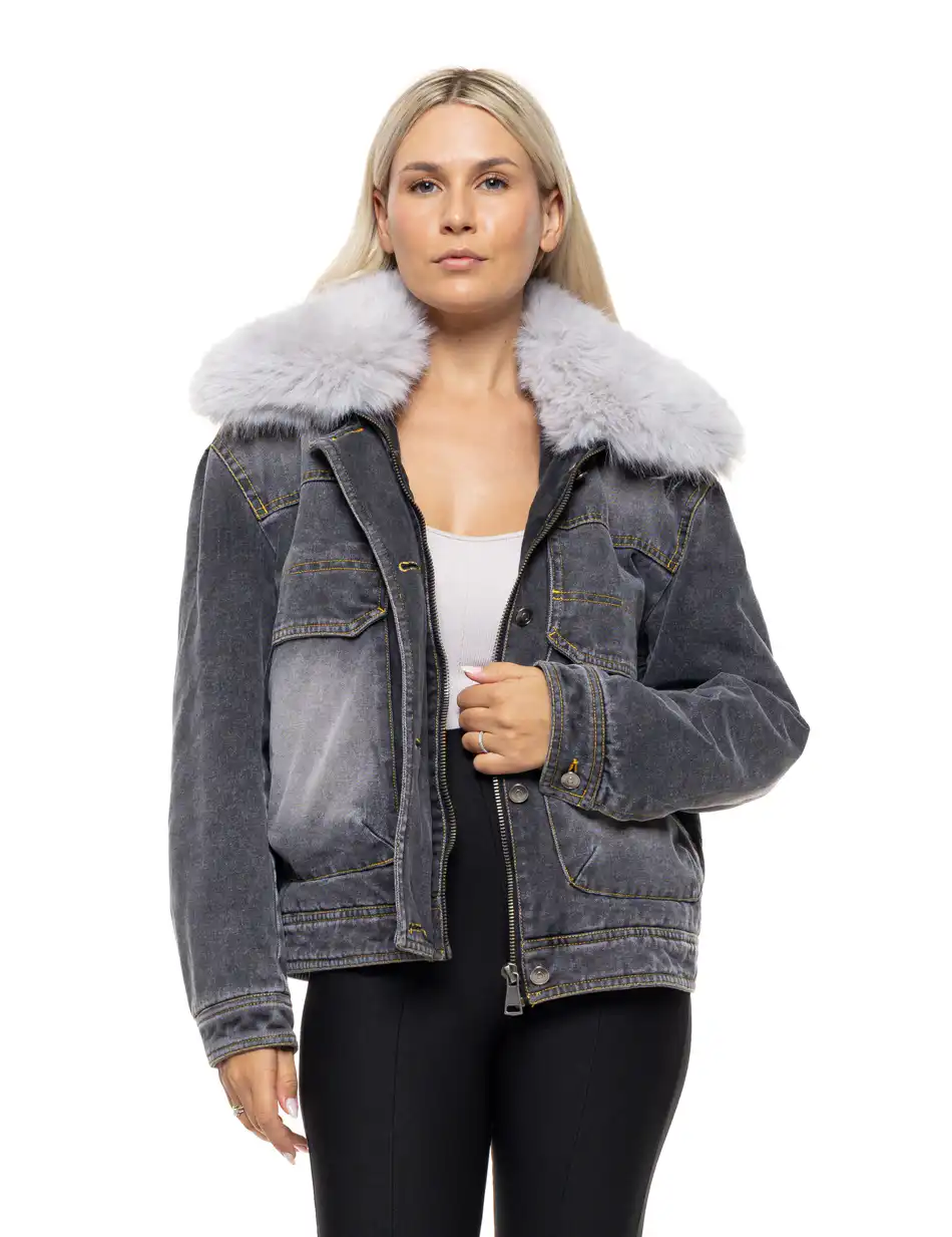 Splendid Γυναικείο jean μπουφάν με γούνινο γιακά 54-101-042 BLACK