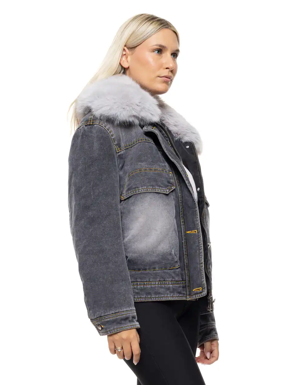 Splendid Γυναικείο jean μπουφάν με γούνινο γιακά 54-101-042 BLACK