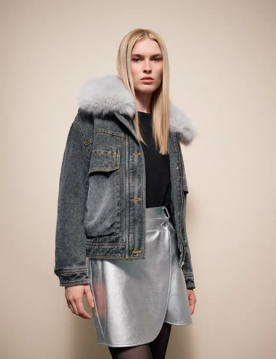 Splendid Γυναικείο jean μπουφάν με γούνινο γιακά 54-101-042 BLACK