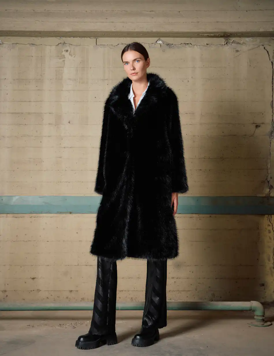 Biston Γυναικείο μακρύ πανωφόρι από συνθετική γούνα 54-101-056 BLACK