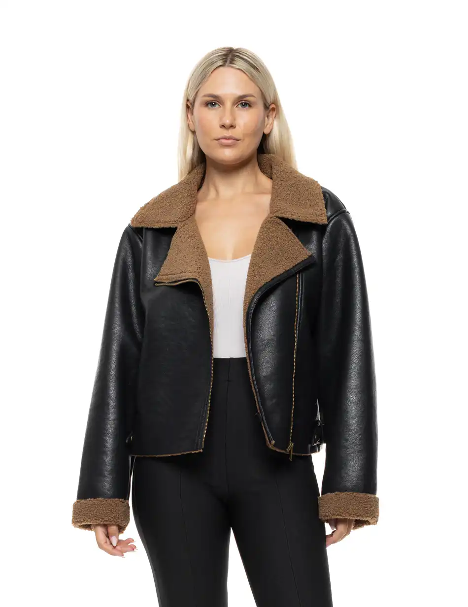 Biston Γυναικείο κοντό πανωφόρι από δερματίνη 54-101-060 BROWN