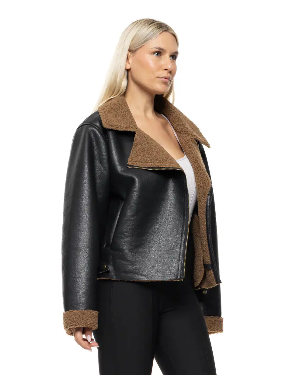 Biston Γυναικείο κοντό πανωφόρι από δερματίνη 54-101-060 BROWN