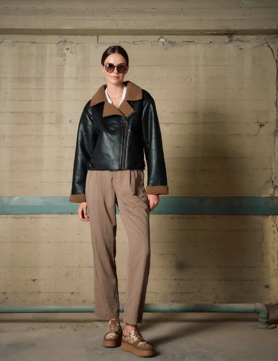 Biston Γυναικείο κοντό πανωφόρι από δερματίνη 54-101-060 BROWN