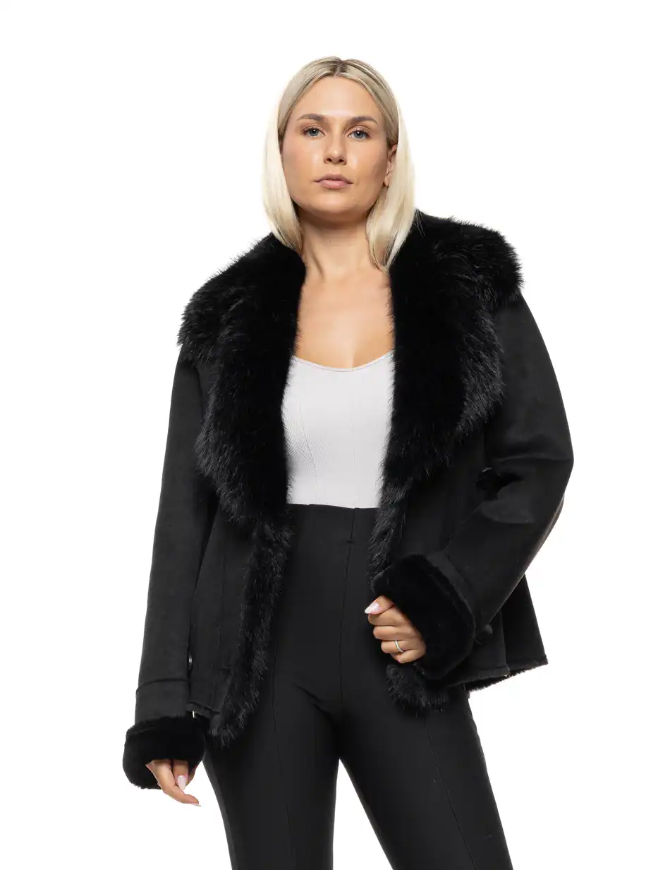 Splendid Γυναικείο κοντό πανωφόρι καστόρ και συνθετική γούνα 54-101-070 BLACK