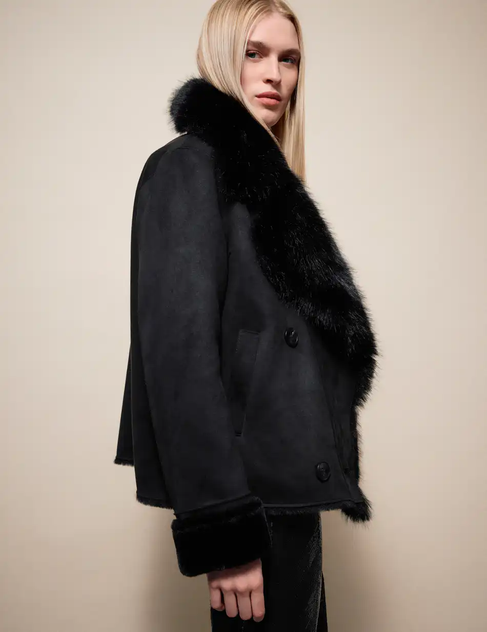 Splendid Γυναικείο κοντό πανωφόρι καστόρ και συνθετική γούνα 54-101-070 BLACK