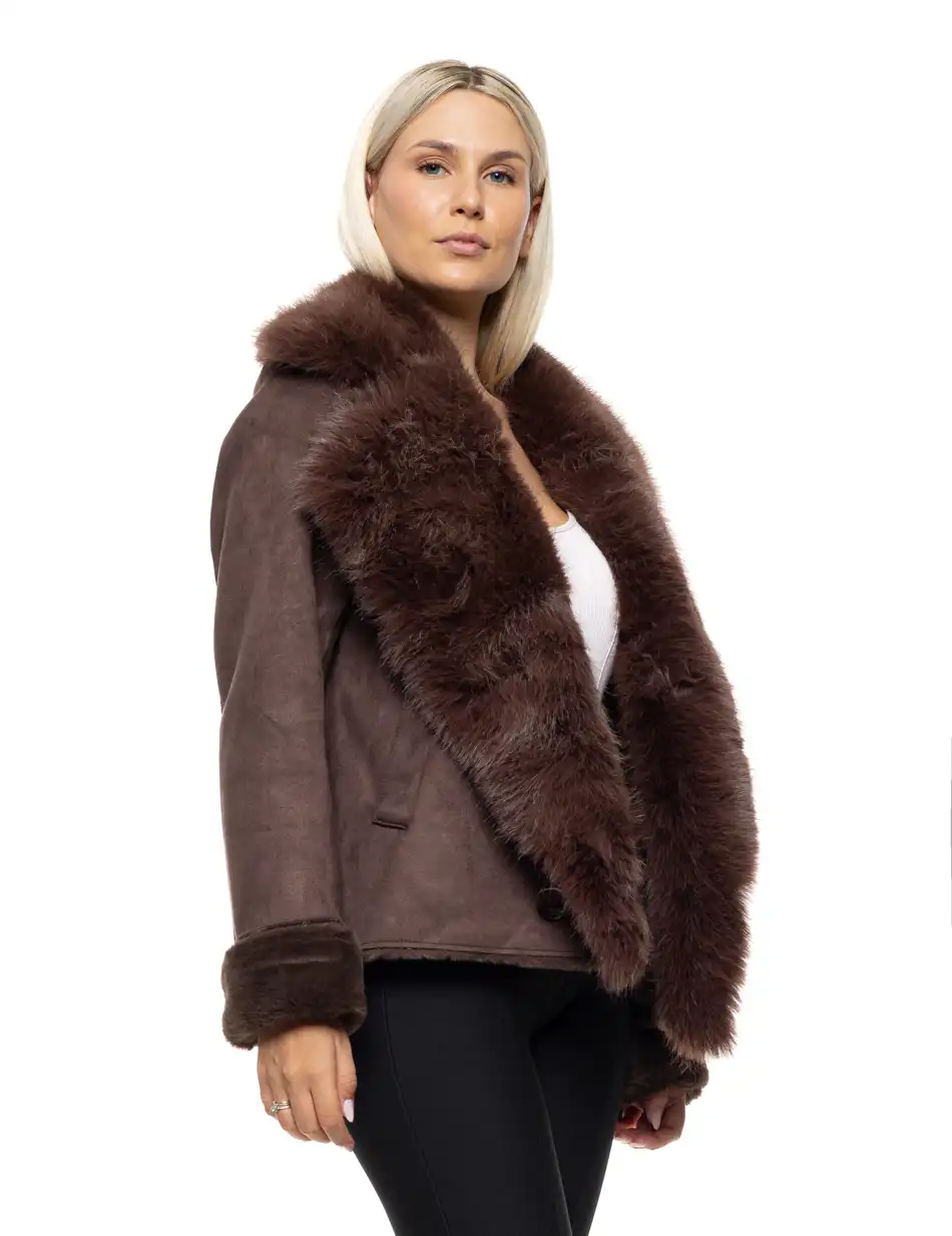 Splendid Γυναικείο κοντό πανωφόρι καστόρ και συνθετική γούνα 54-101-070 BROWN
