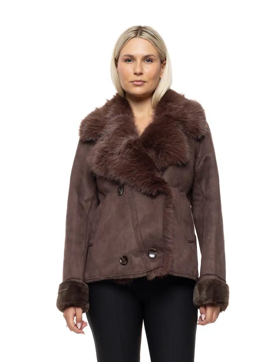 Splendid Γυναικείο κοντό πανωφόρι καστόρ και συνθετική γούνα 54-101-070 BROWN