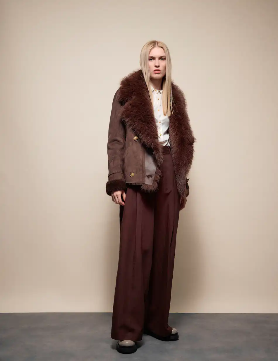 Splendid Γυναικείο κοντό πανωφόρι καστόρ και συνθετική γούνα 54-101-070 BROWN